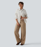 Pantalon large fluide décontracté en lin mélangé taille haute avec cordon de serrage et poches
