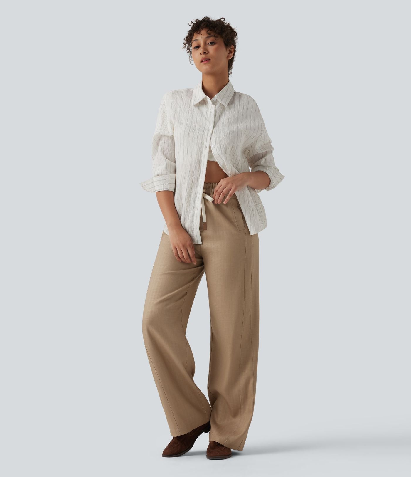 Pantalon large fluide décontracté en lin mélangé taille haute avec cordon de serrage et poches