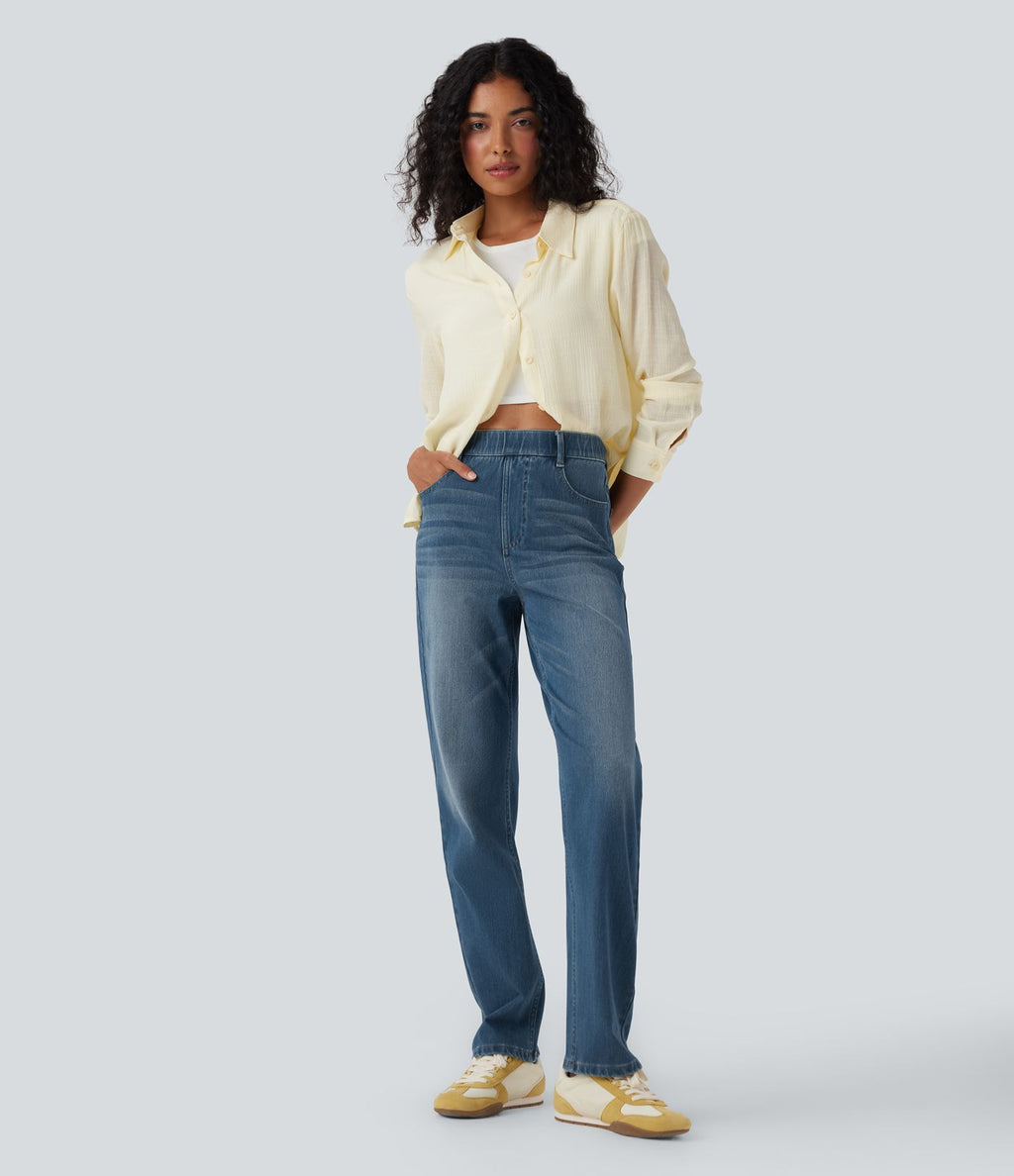Halara Flex™ Jean casual délavé jambe droite taille haute gainant avec poches