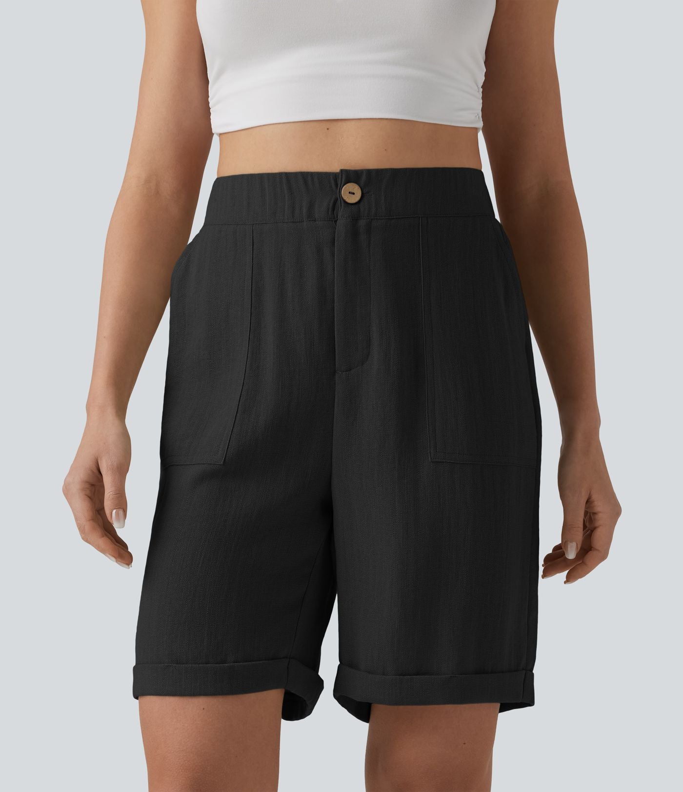 Bermuda casual taille haute aspect lin ourlet roulotté avec poches