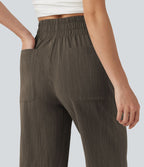 Pantalon flare taille haute effet lin avec poches