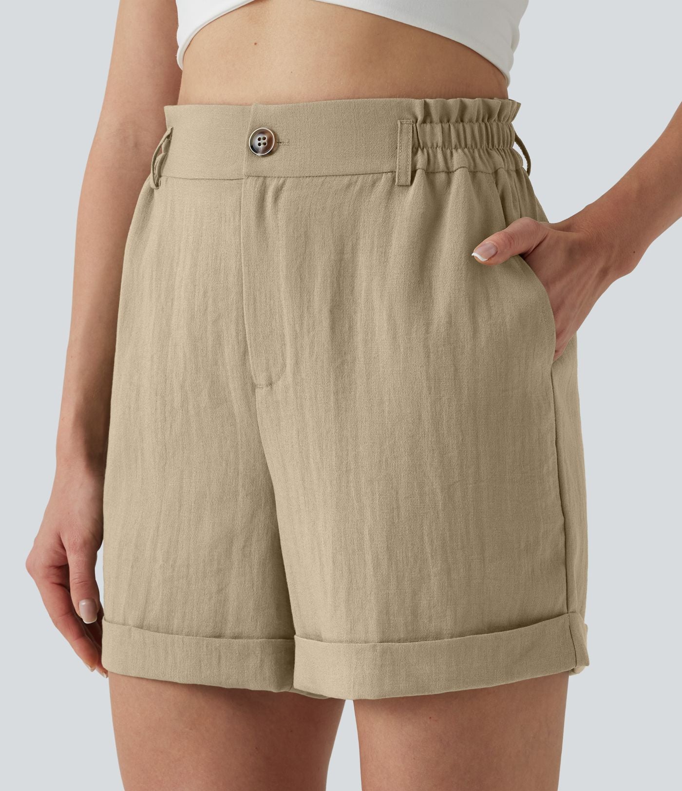 Short resort 12,5 cm taille haute effet lin avec ourlet roulotté et poches