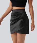 Jupe mini moulante 2-en-1 en satin, taille haute, fronces et ourlet croisé