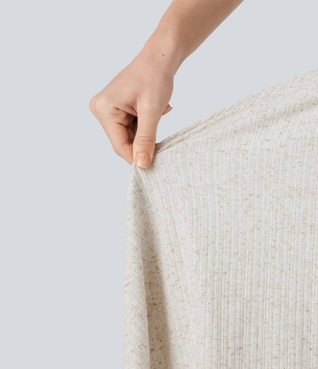 Robe mini décontractée 2-en-1 en maille côtelée mélange de lin, col V, manches courtes, coupe fluide