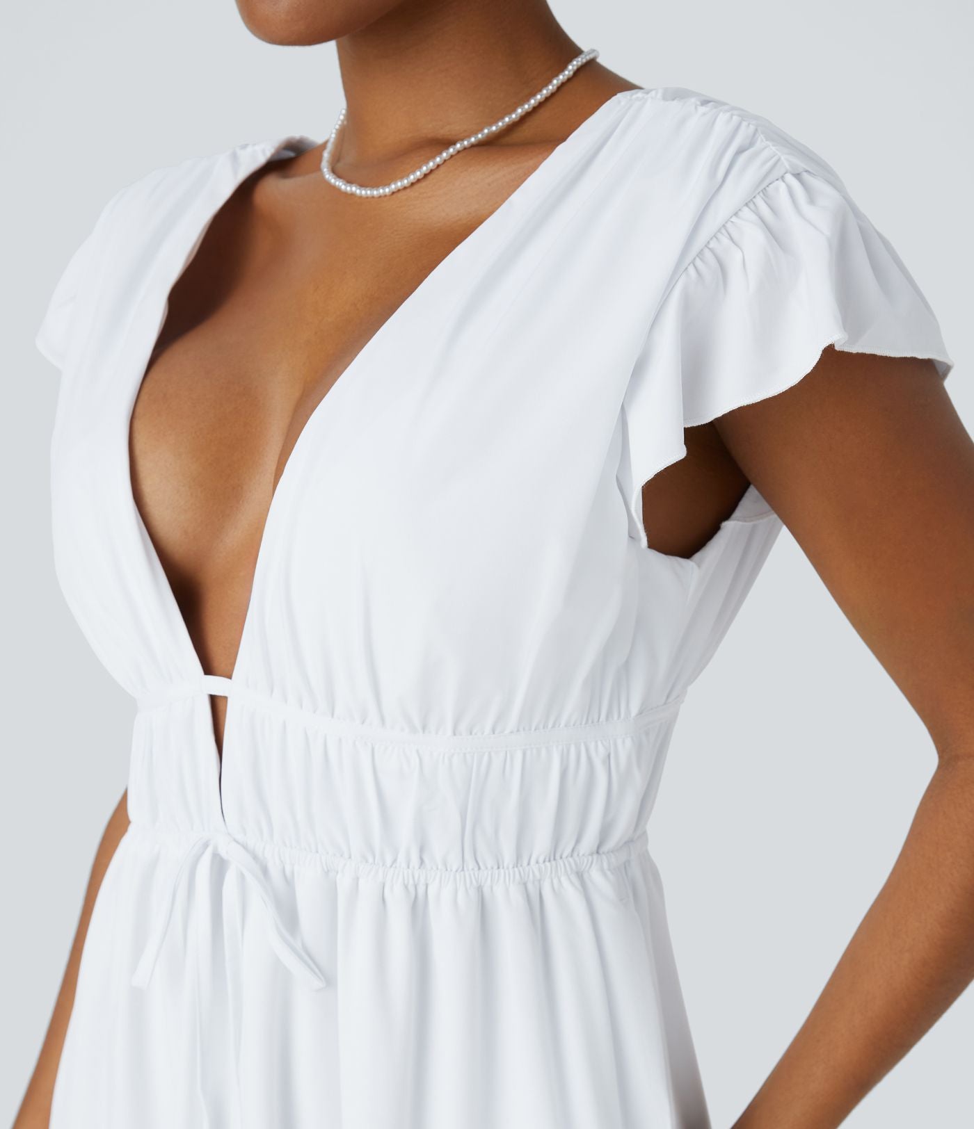 Breezeful™ Robe Midi Séchage Rapide Demoiselle d'Honneur et Invitée de Mariage Encolure en V Profond Manches Papillon Dos Nu Nœud Poches Latérales Ourlet à Volants