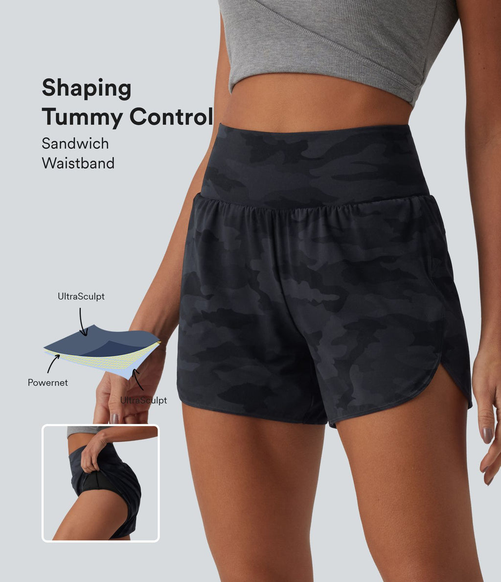 Short de running 2 en 1 Halara UltraSculpt™ gainant imprimé camouflage, taille haute, ourlet incurvé, 10 cm, avec poche