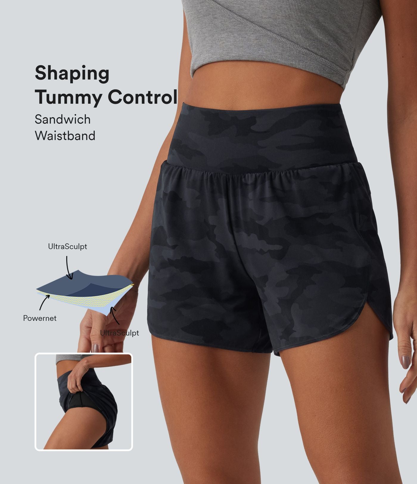Short de running 2 en 1 Halara UltraSculpt™ gainant imprimé camouflage, taille haute, ourlet incurvé, 10 cm, avec poche