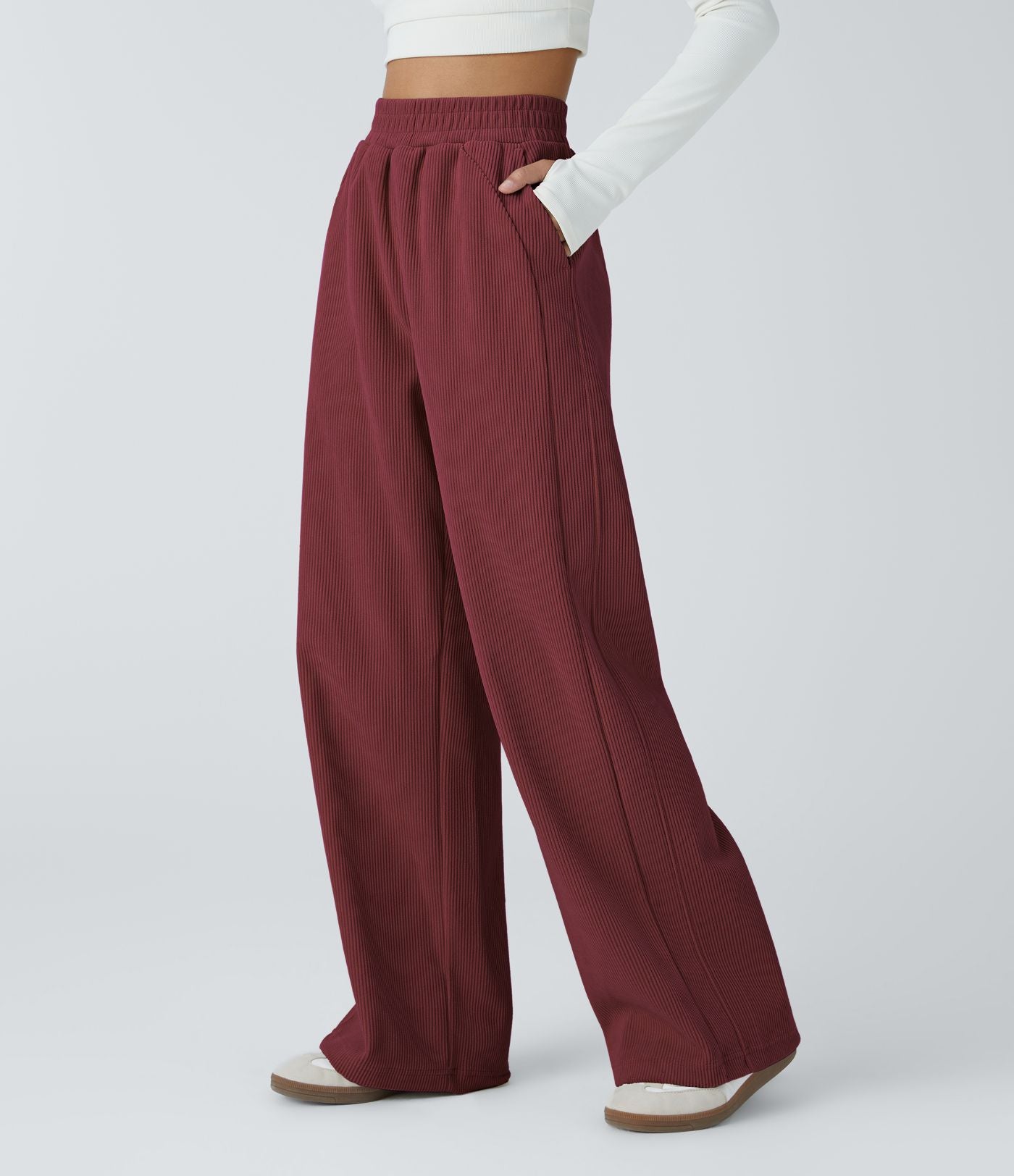 Pantalon velours côtelé de jogging décontracté à taille haute avec poches latérales