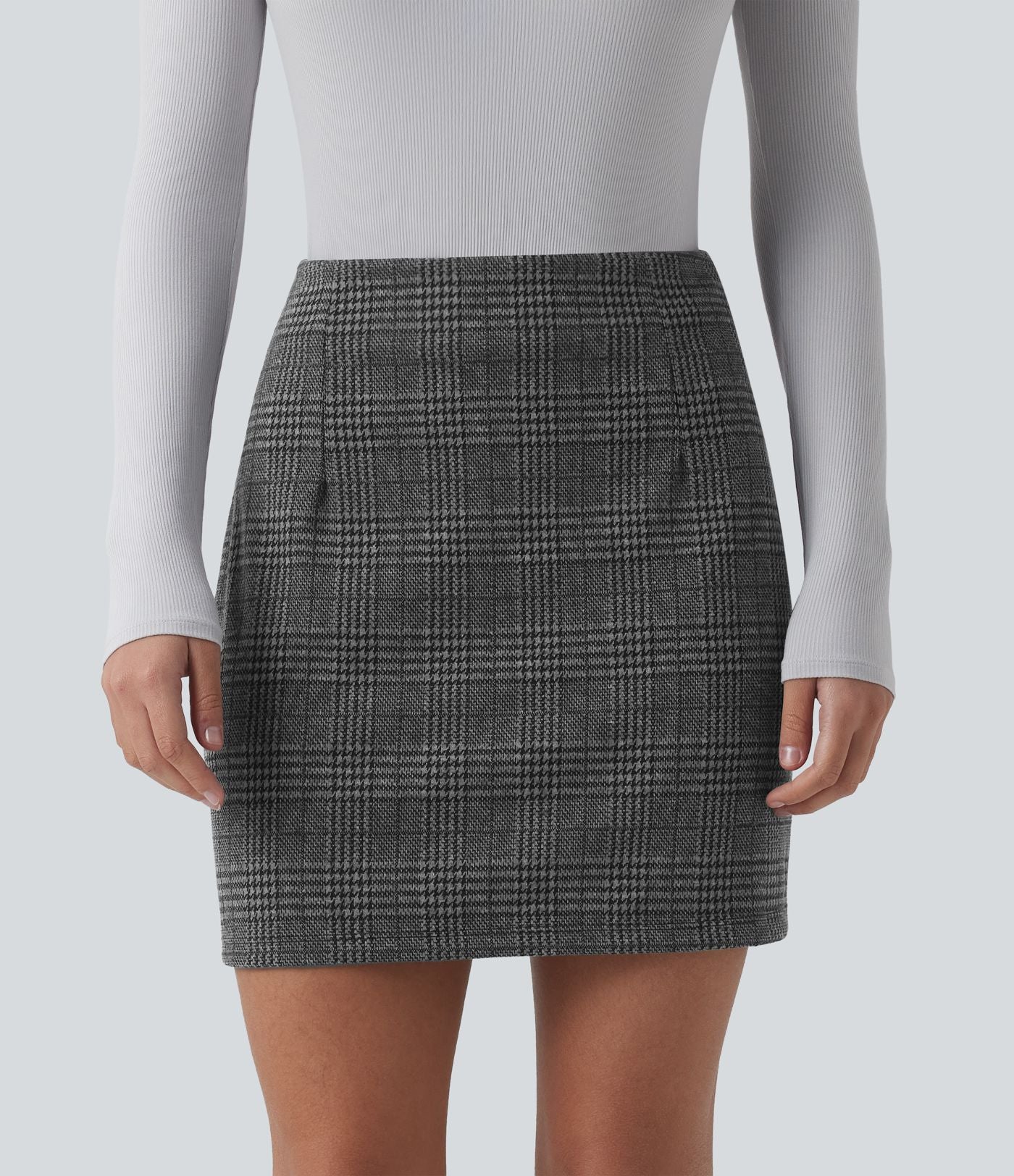 Jupe mini tailleur taille haute 2-en-1 à carreaux pied-de-poule - Longueur rallongée