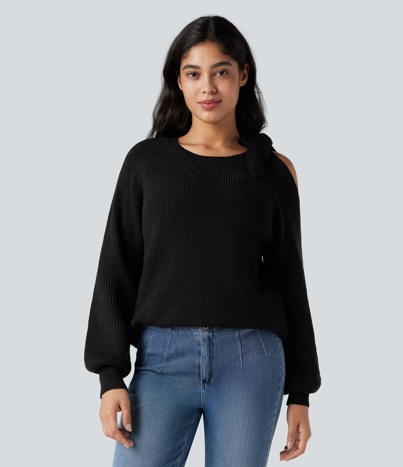Top tricot col rond nœud latéral manches longues
