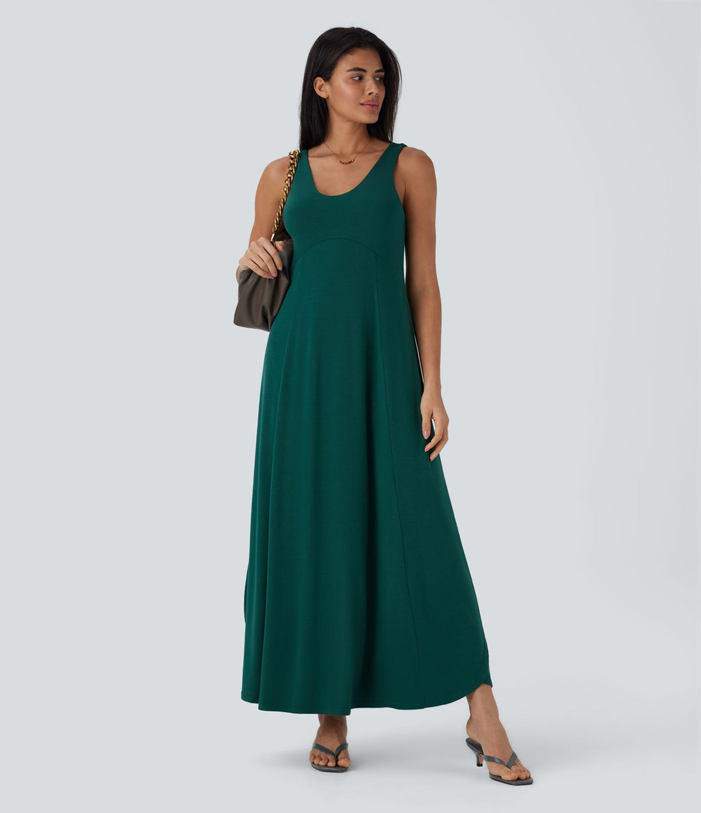 Robe longue à bretelles avec col U, dos nu, fente et coupe fluide