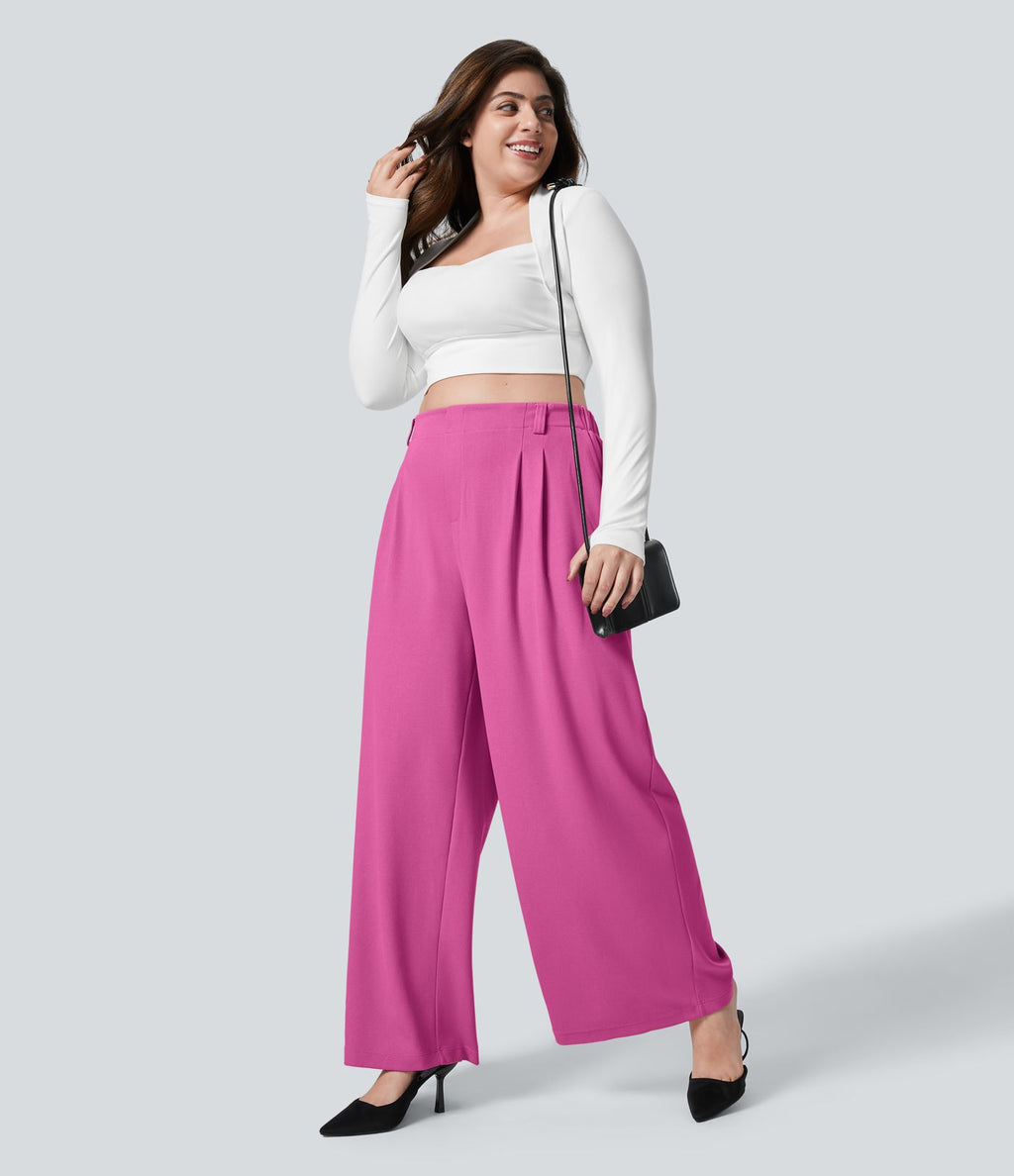 Halara Flex™ Pantalon tailleur Grande taille à Taille Haute, Poches Latérales Plissées, Jambes Larges, en Tissu Gaufré
