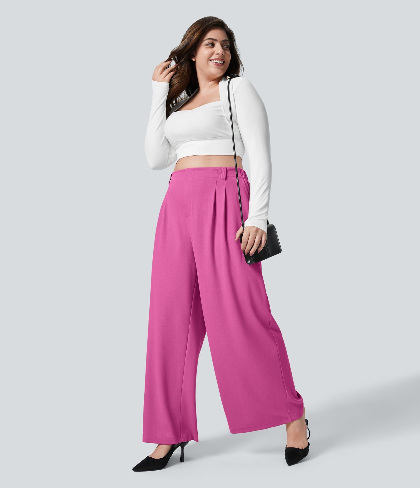 Halara Flex™ Pantalon tailleur Grande taille à Taille Haute, Poches Latérales Plissées, Jambes Larges, en Tissu Gaufré