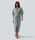 Robe midi col V manches chauve-souris ourlet tulipe torsadé