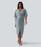 Robe midi col V manches chauve-souris ourlet tulipe torsadé