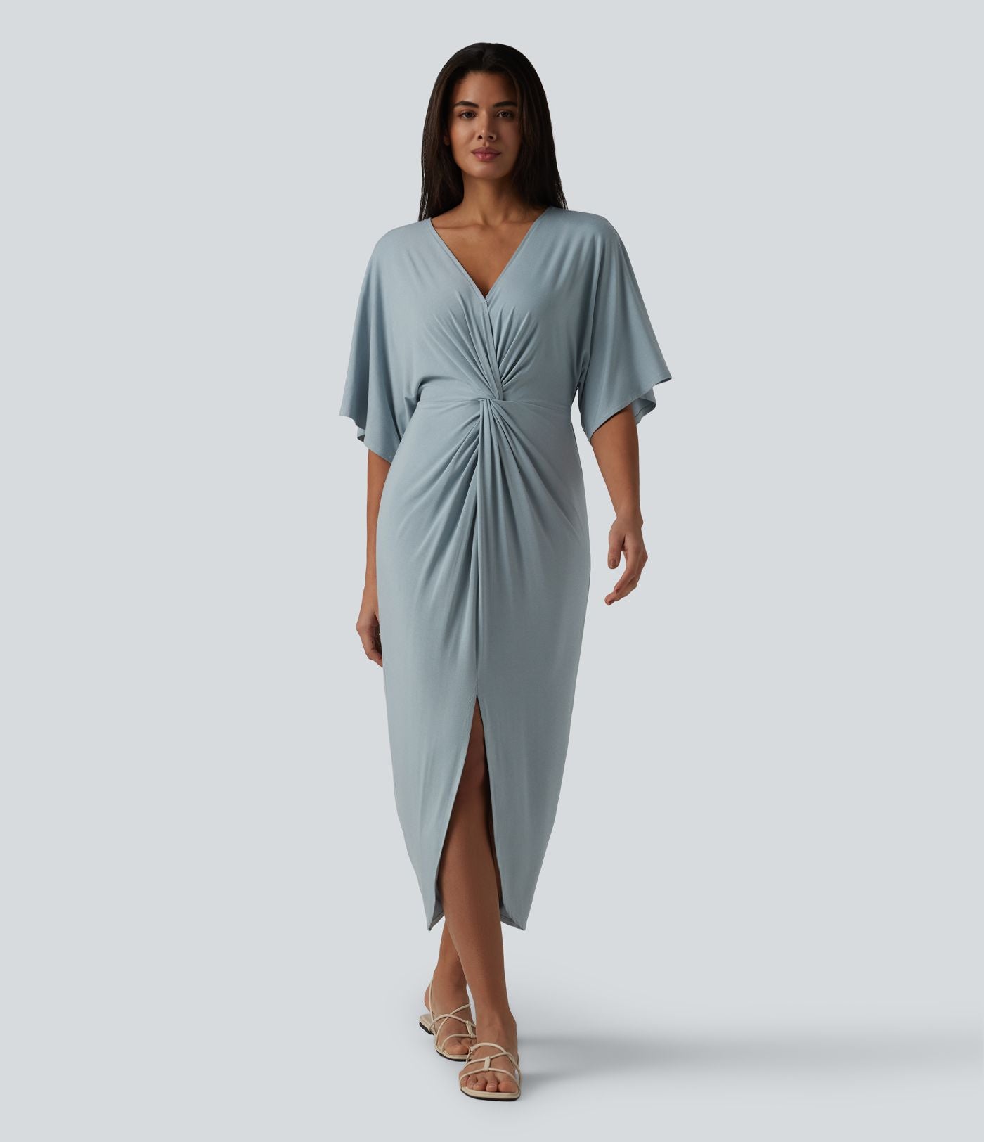 Robe midi col V manches chauve-souris ourlet tulipe torsadé