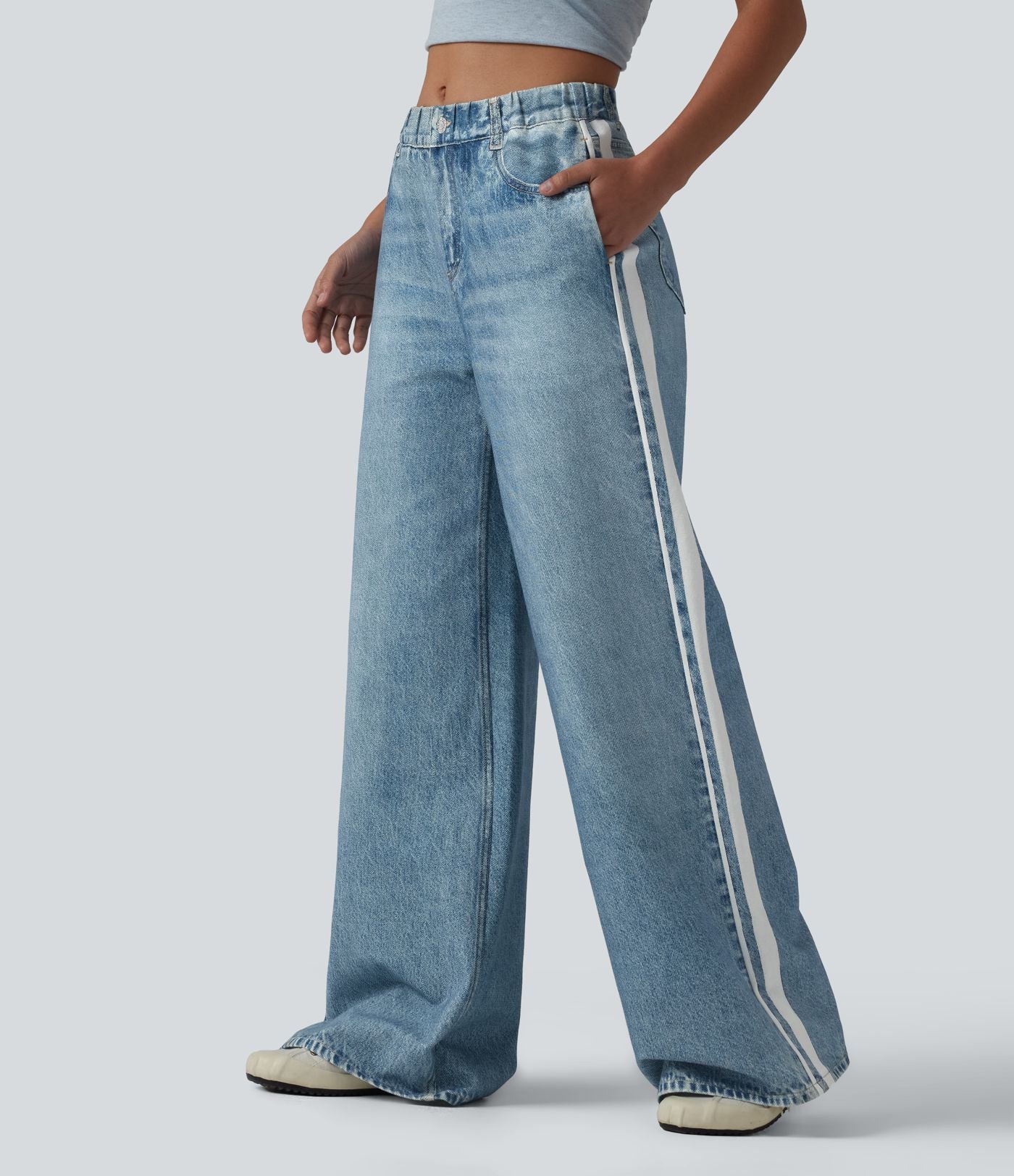 Jean de survêtement décontracté à rayures en tissu éponge français imprimé denim taille mi-haute avec poches
