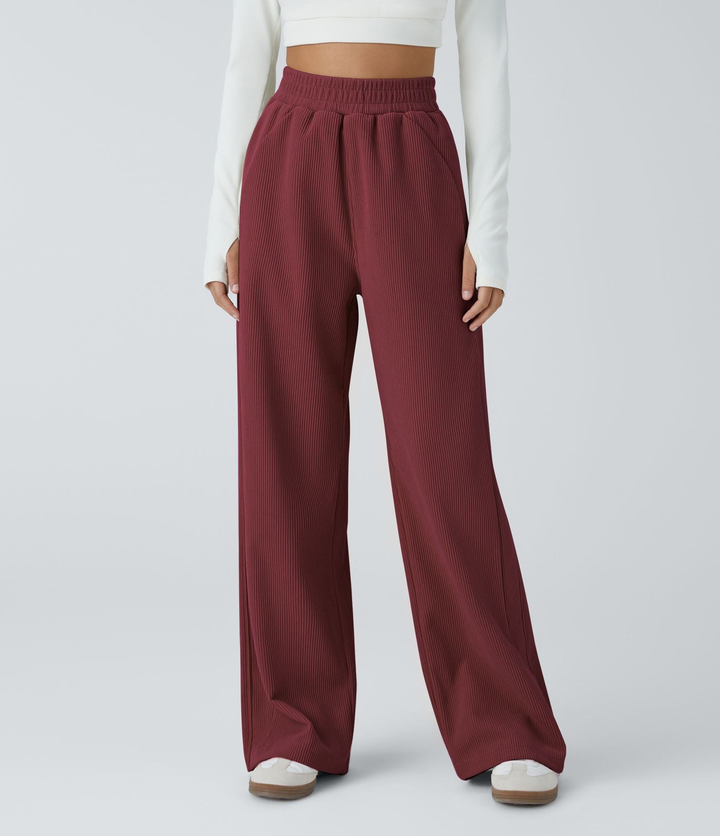 Pantalon velours côtelé de jogging décontracté à taille haute avec poches latérales