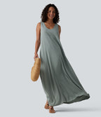 Robe maxi fluide de vacances en mélange de lin col U sans manches dos torsadé à poches