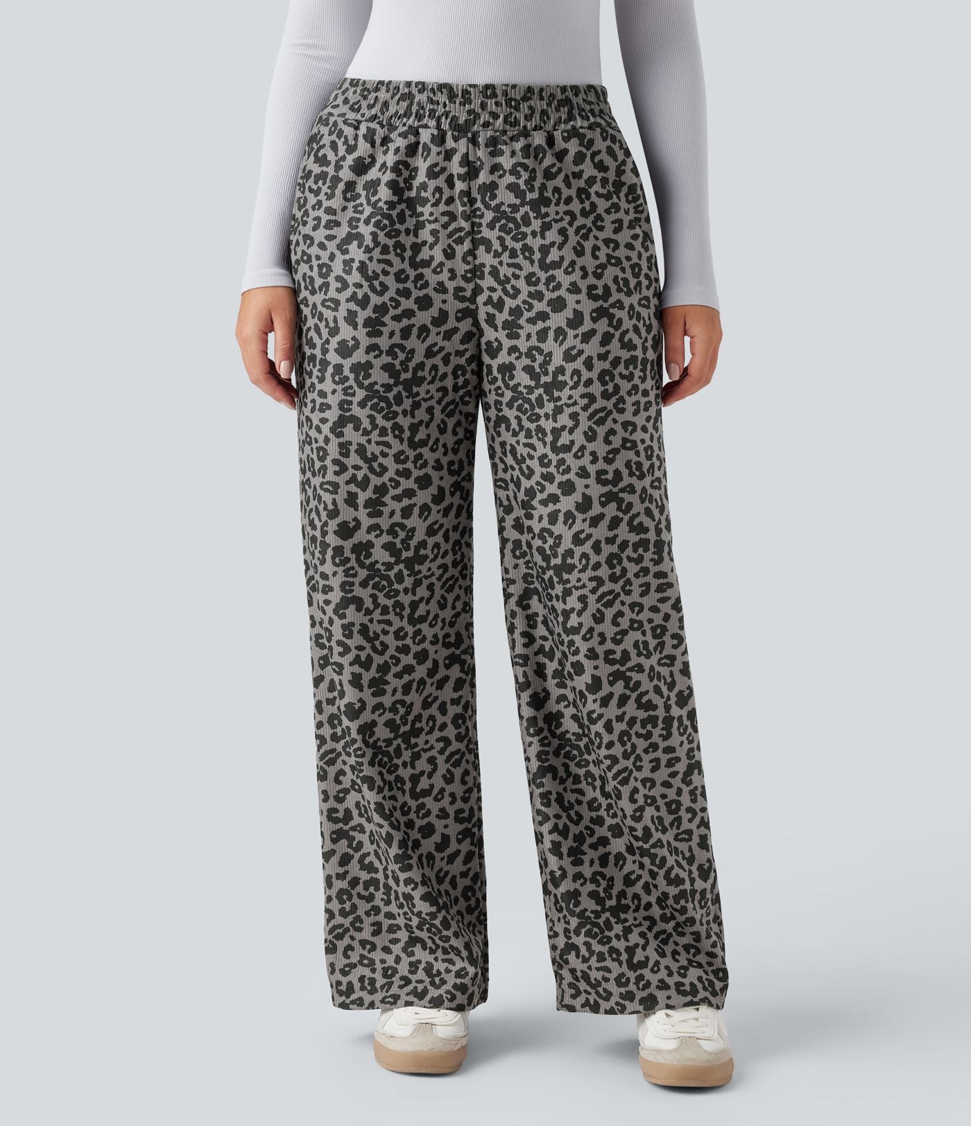 Pantalon léopard ample décontracté velours côtelé imprimé taille haute avec poches