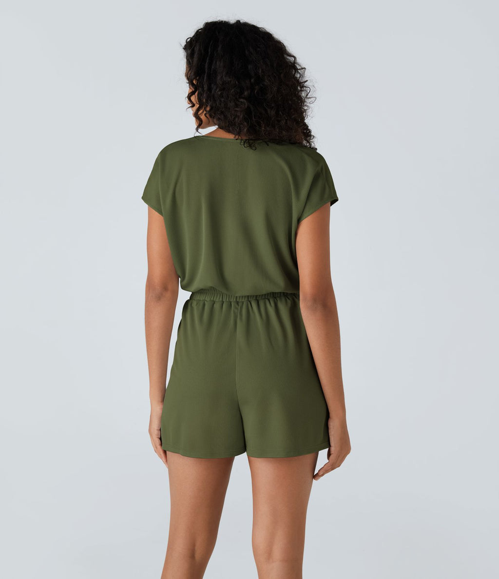 Combishort Fluide Col en V Plissée Manches Courtes Poche Latérale Gaufrée
