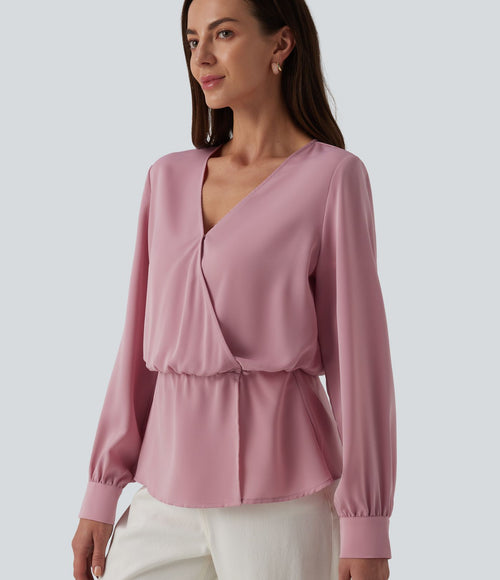 Blouse esprit bureau défroissage facile, col V cache-cœur avec boutons-pression, manches longues et coupe ample