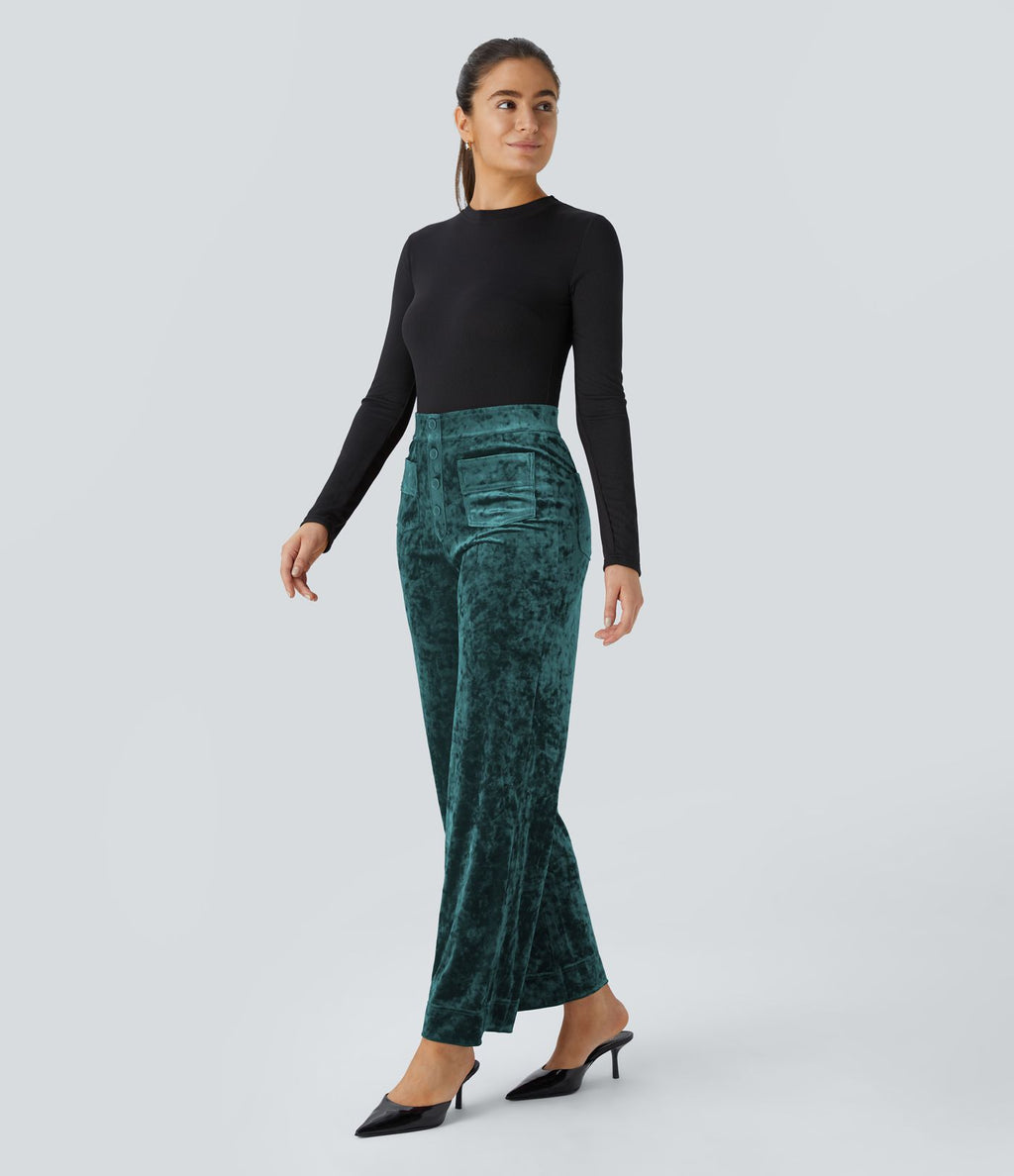 Pantalon en Velours Taille Haute avec Bouton Multipoches Droites