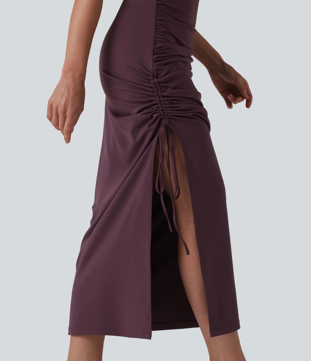 Robe midi moulante à col en V rembourrage non amovible et fronces à cordon