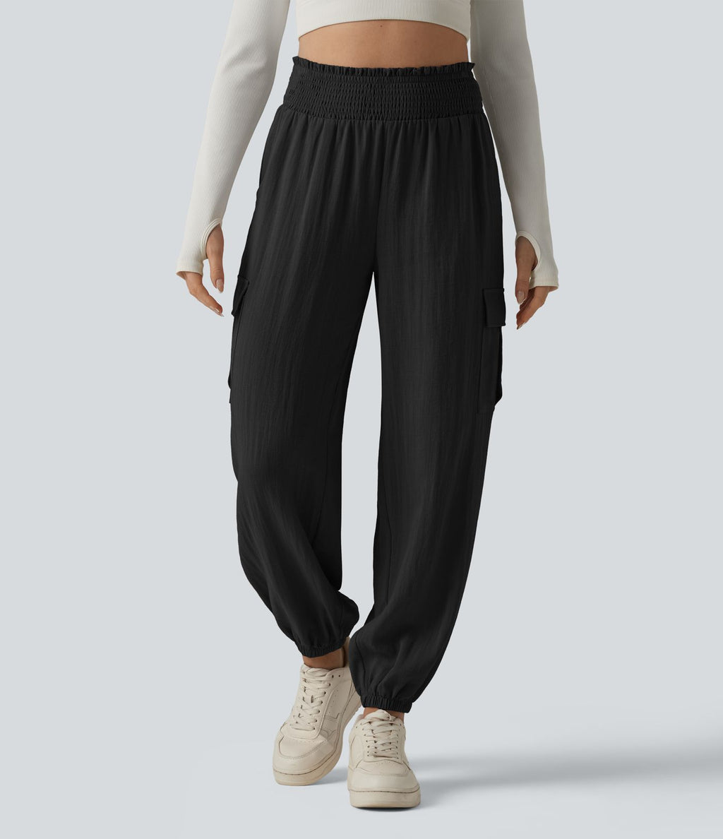 Pantalon cargo décontracté taille haute froncé, aspect lin, avec poches