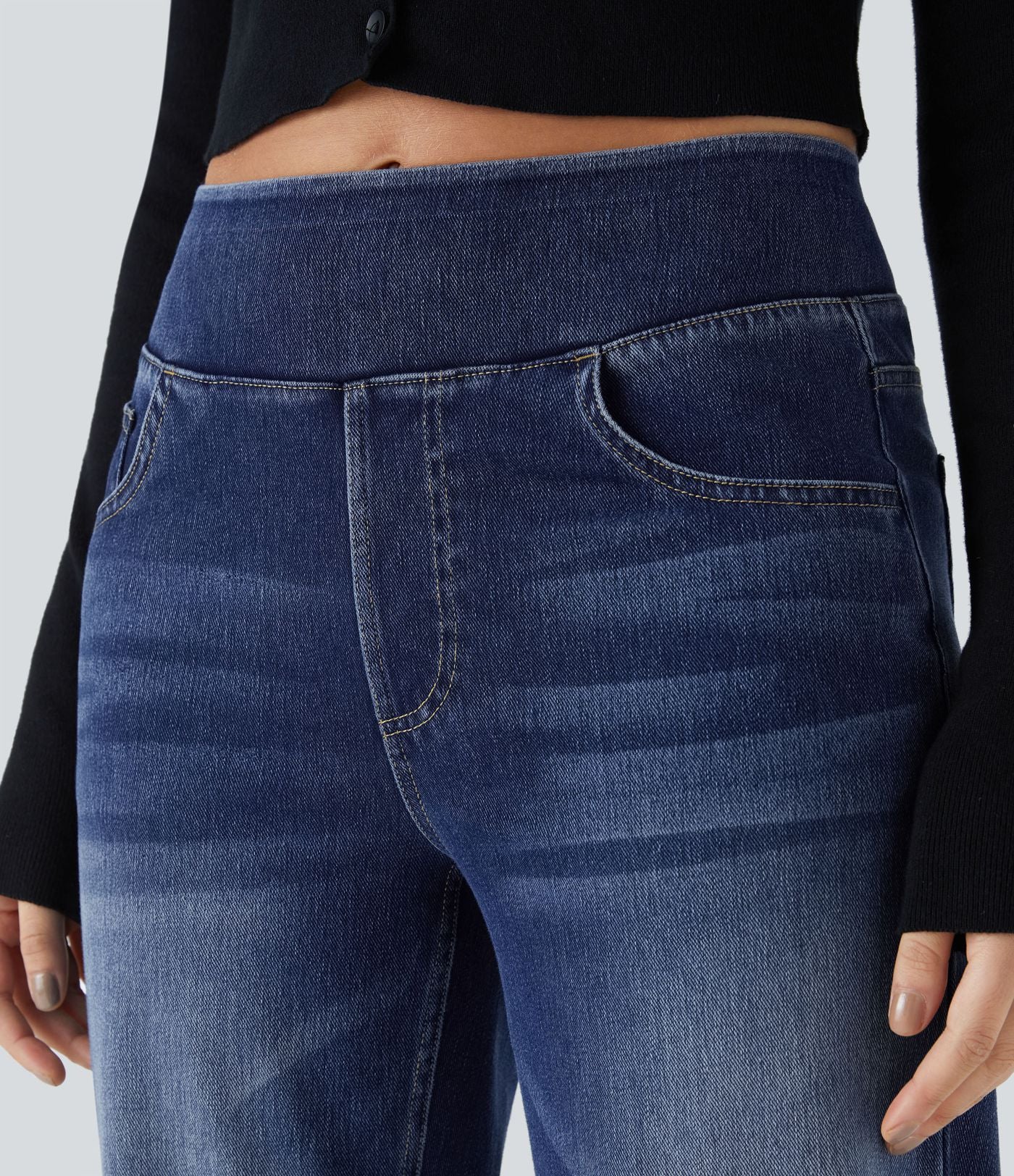 Jean décontracté Halara Flex™ taille haute, extensible, délavé, jambes droites avec poches multiples