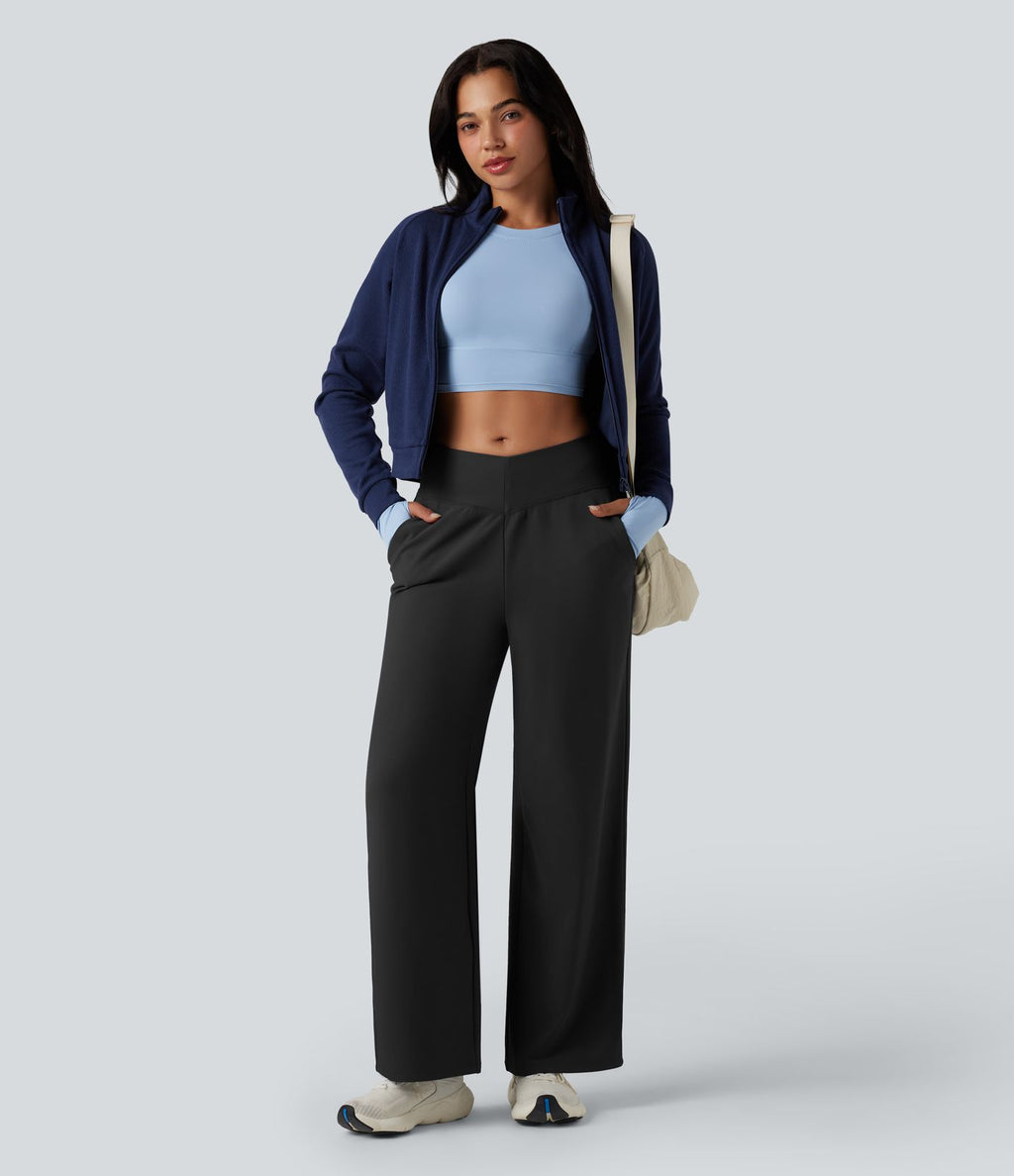 Pantalon de yoga ample thermique en polaire, dos en V, taille haute, avec poches