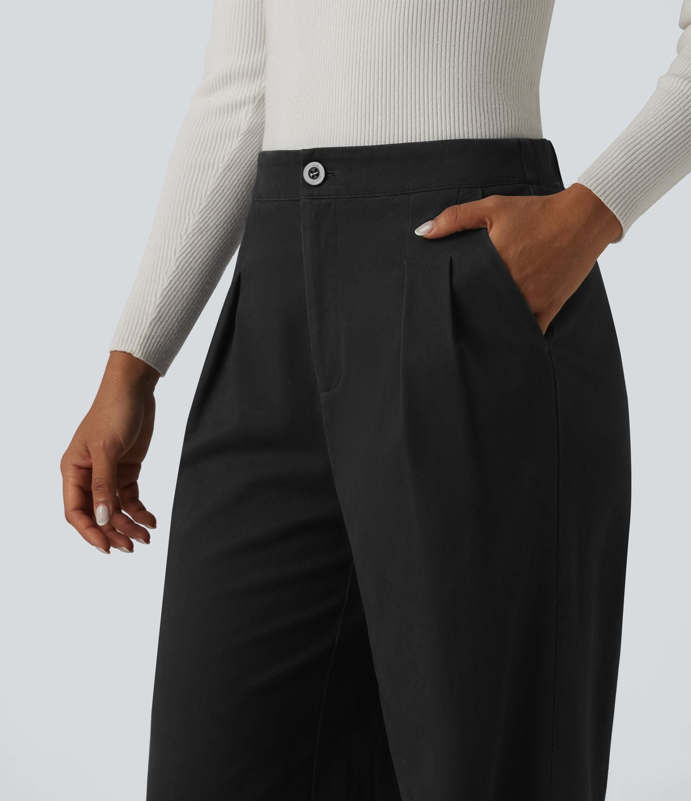 Pantalon tailleur chino large en coton taille haute avec poches