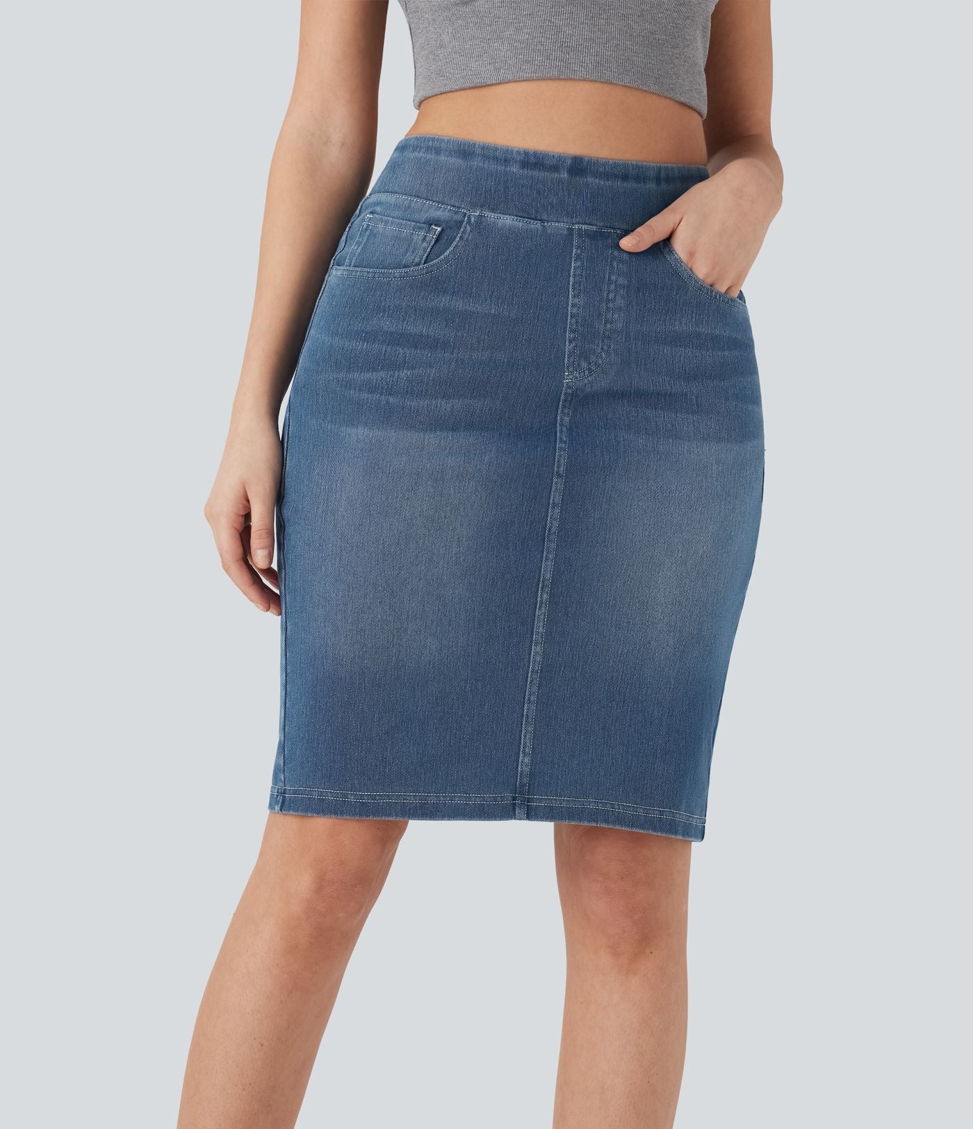 Halara Flex™ Jupe en Jean décontractée stretch délavé à taille haute, multiples poches et fente latérale