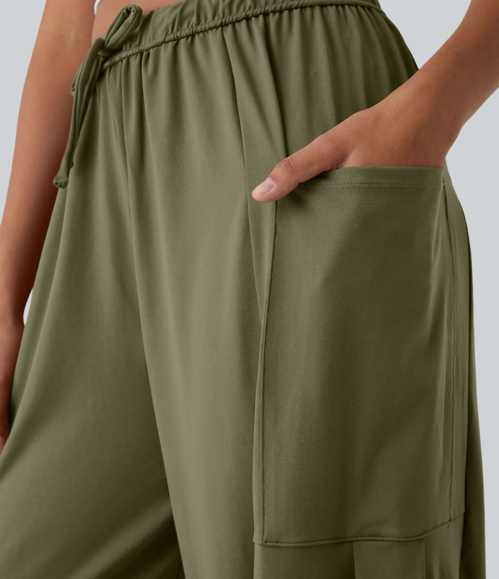 Pantalon Large Fluide Taille Mi-Haute Taille Élastique Cordon Poches Latérales Ourlet Flottant