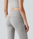 Pantalon décontracté évasé à taille mi-haute en maille côtelée extensible avec poches