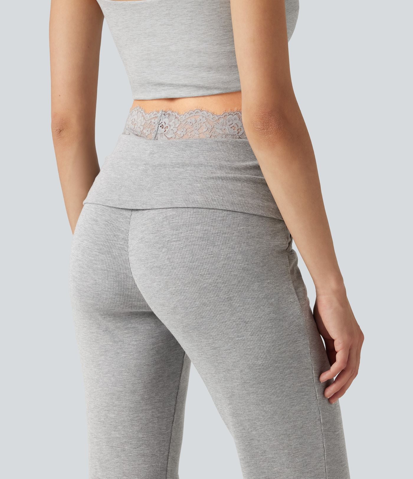 Pantalon décontracté évasé à taille mi-haute en maille côtelée extensible avec poches