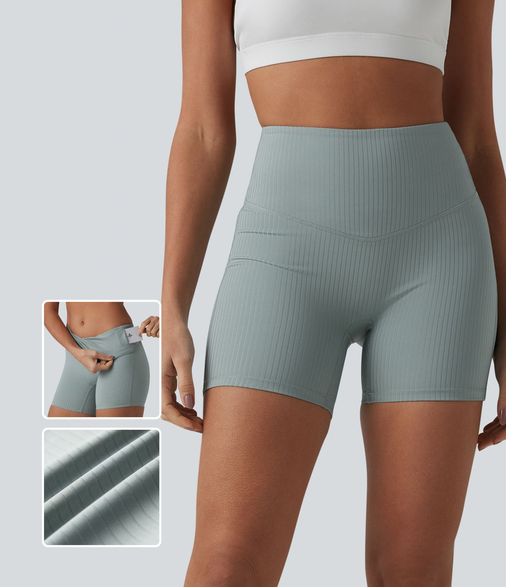Short cycliste de yoga côtelé taille haute 12,5 cm avec poche