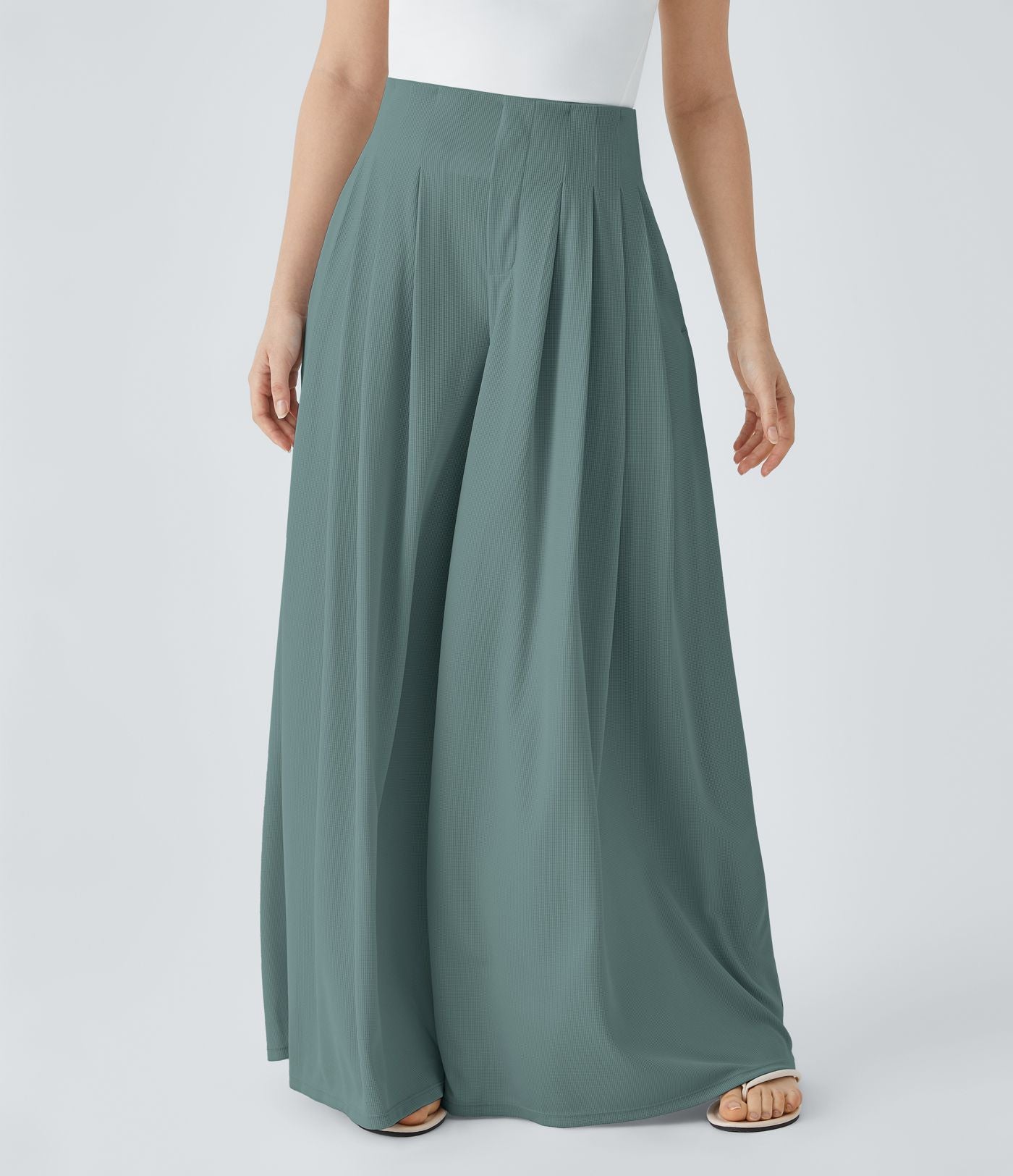Pantalon décontracté palazzo en maille gaufrée, fluide, large, plissé, taille haute, avec poches