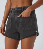 Short décontracté en jean extensible délavé Halara Flex™ taille moyenne avec revers et poches avant