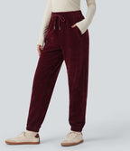 Pantalon décontracté chenille gaufré taille haute avec cordon de serrage et poches