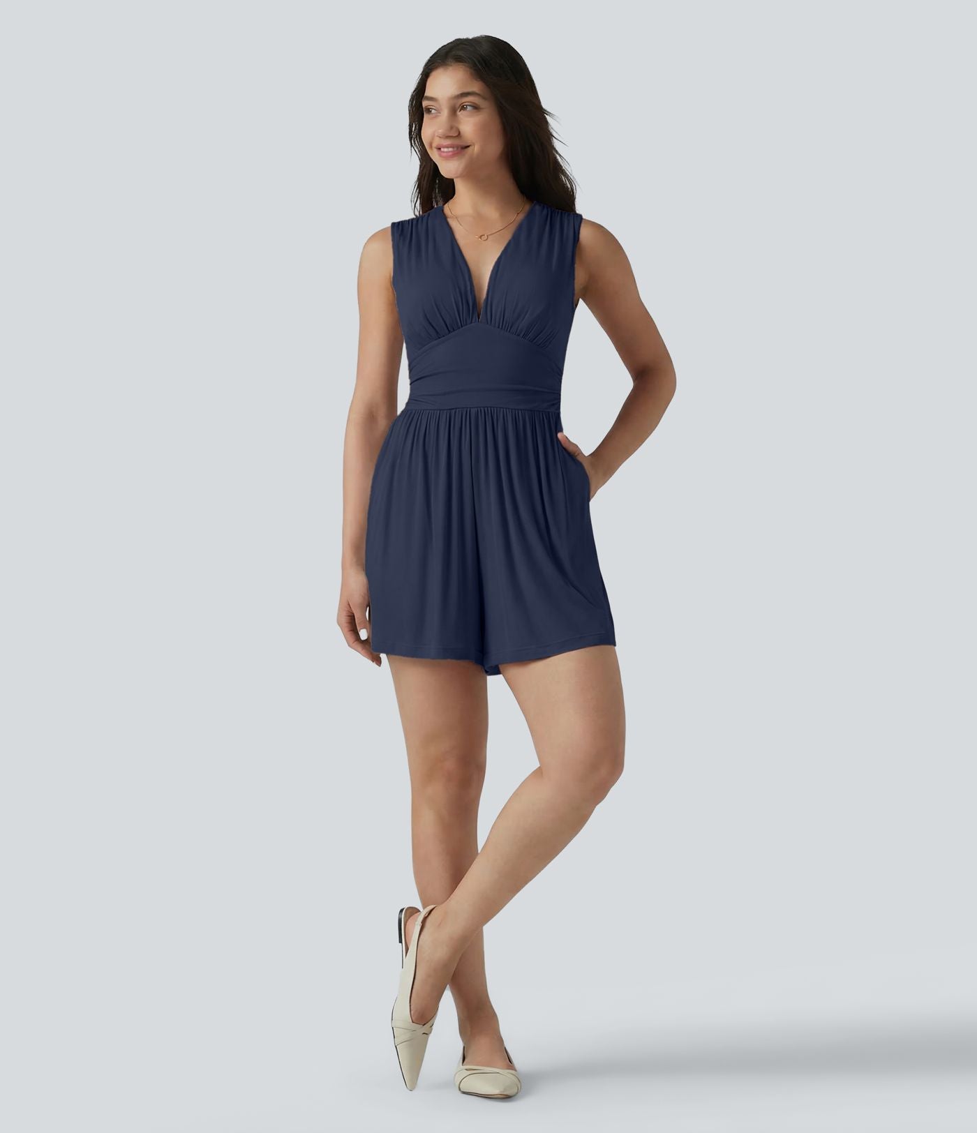 Combishort casual côtelé sans manches col V, fronces et soutien-gorge intégré, avec poches – Easy Peasy