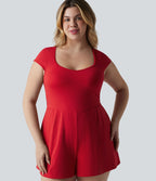 Combishort grande taille SoftlyZero™ Airy de yoga effet frais InstantCool col U à manches courtes couvrantes, avec poches, accès facile Easy Peasy