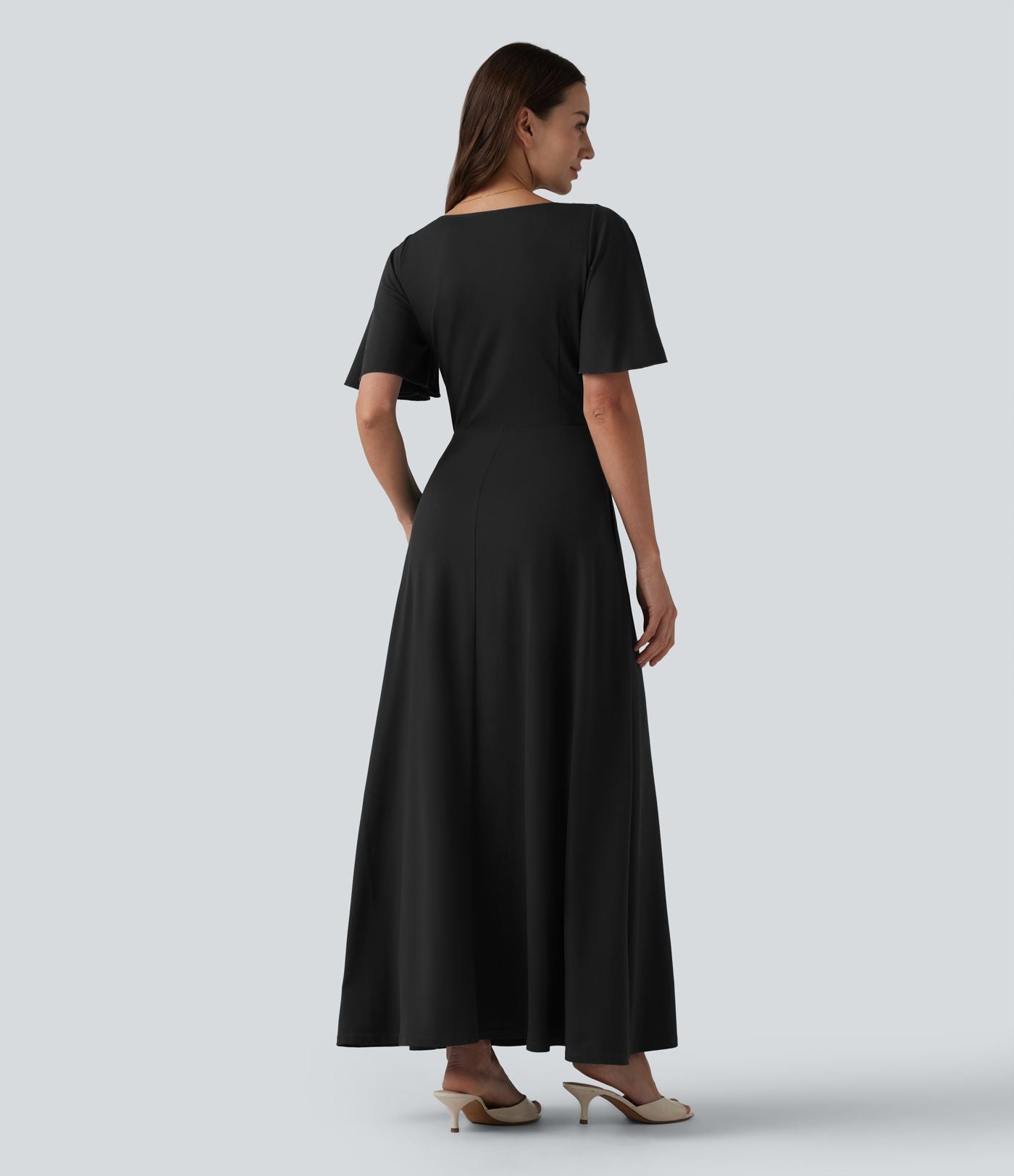 Robe longue fluide de demoiselle d'honneur et d'invitée de mariage, fendue, à manches à volants et col V profond, avec soutien-gorge intégré et poches