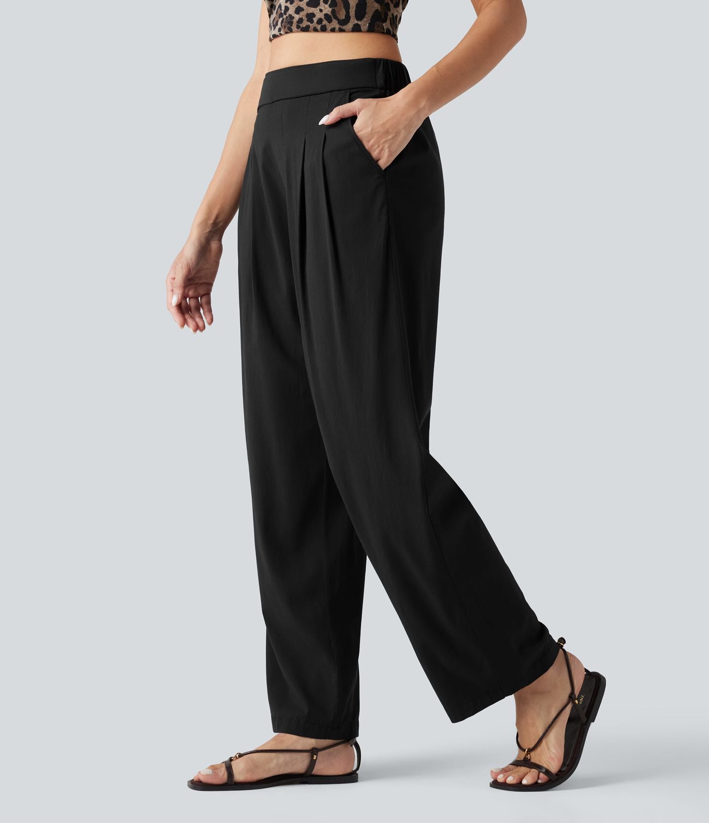 Pantalon décontracté fuselé taille haute en lin stretch avec poches