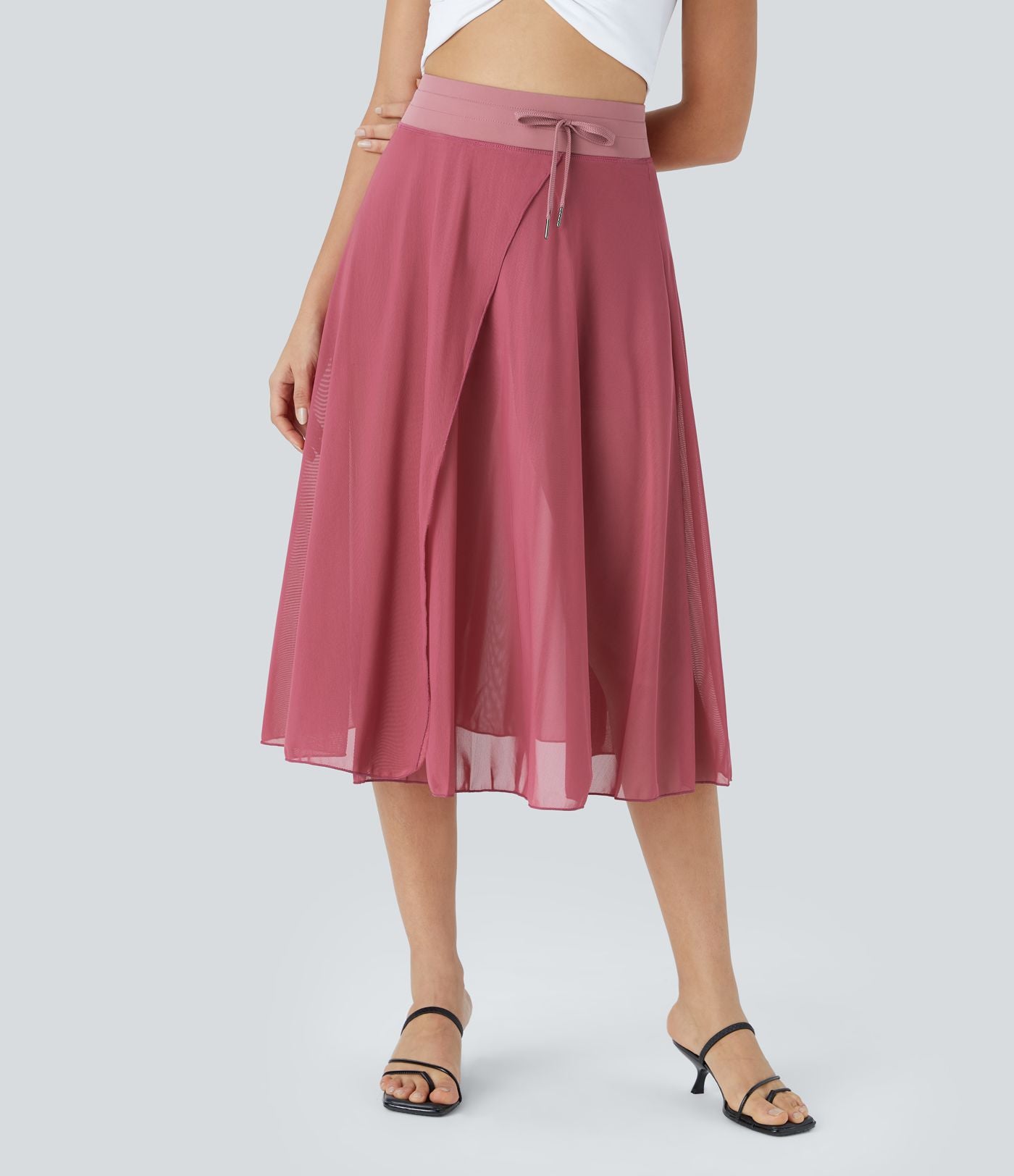 Jupe Casual Évasée Mesh Mi-Longue Fuide 2 en 1 Contrastée Taille Haute Cordon Poche Latérale