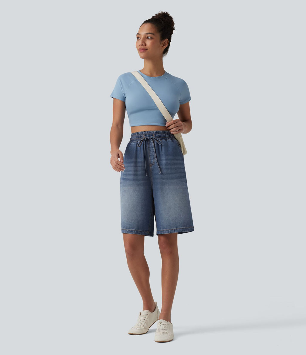 Short denim décontracté taille haute en lyocell 22,8 cm avec cordon de serrage et poches