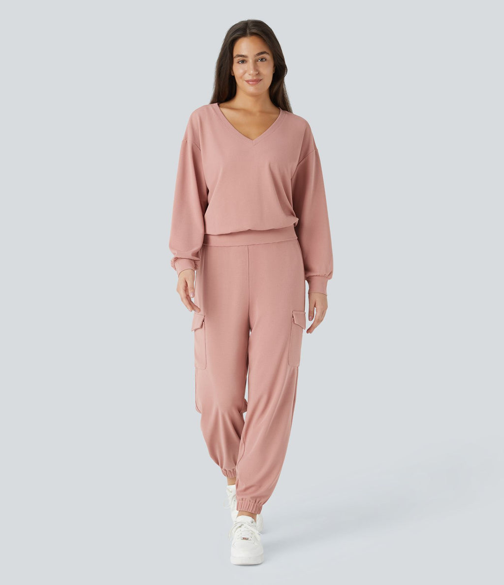 Sweatshirt Casual en Tissu Gaufré à Col en V et Manches Longues Épaules Tombantes