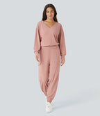 Sweatshirt Casual en Tissu Gaufré à Col en V et Manches Longues Épaules Tombantes