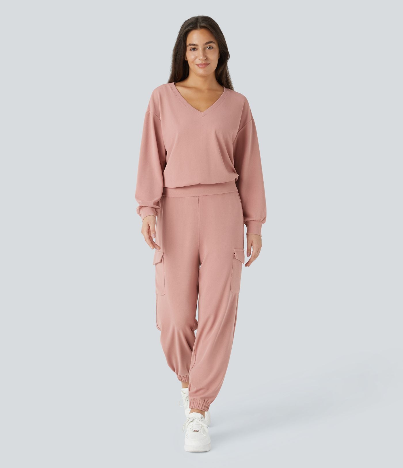 Sweatshirt Casual en Tissu Gaufré à Col en V et Manches Longues Épaules Tombantes