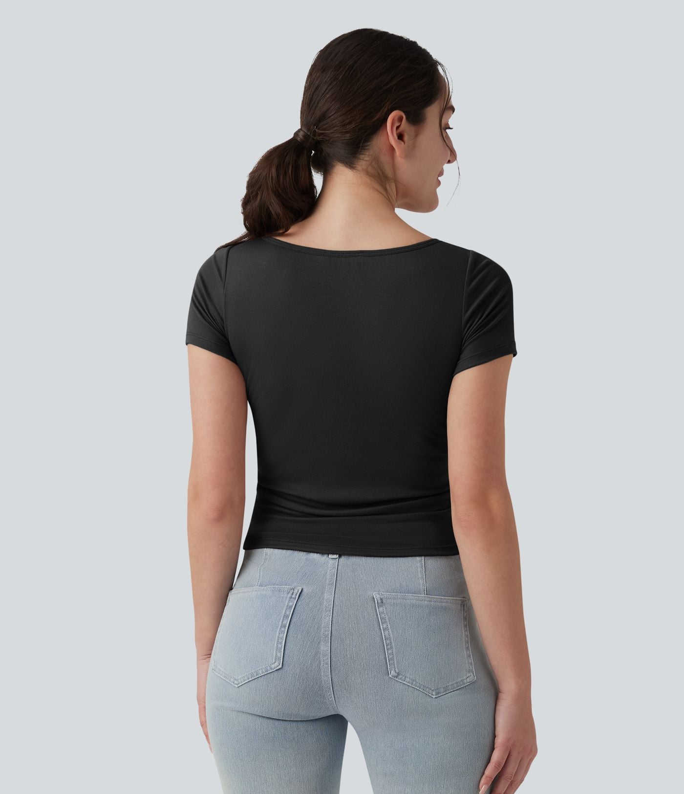 T-shirt casual ajusté côtelé col bateau manches courtes avec fronces et brassière intégrée